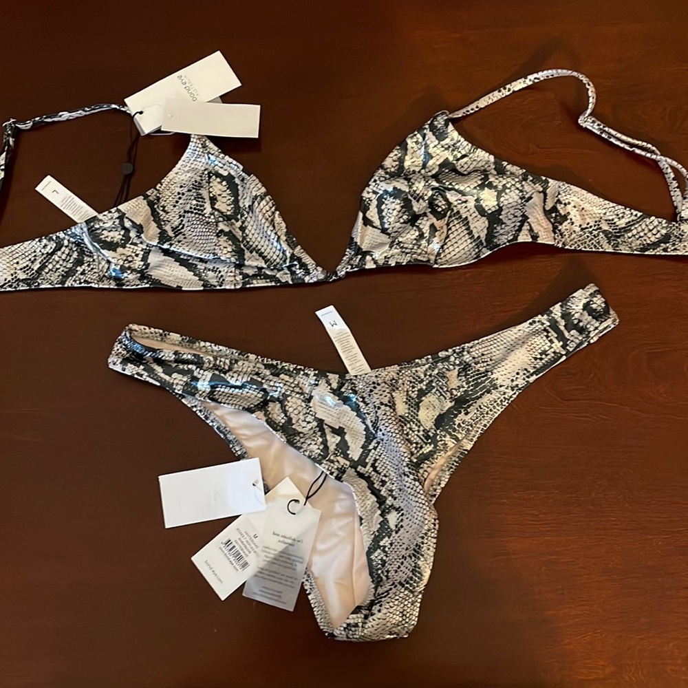 Snakeskin Bond-Eye swimsuit. Large top + Medium bottom
